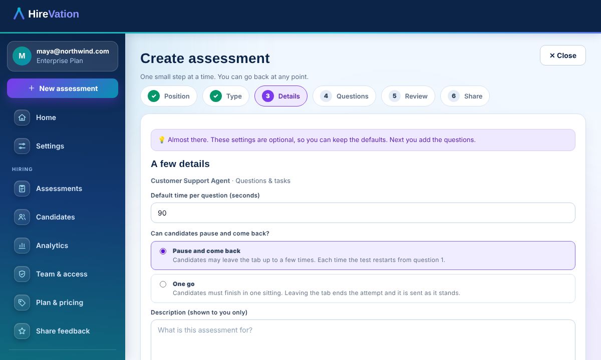 The HireVation assessment wizard, choosing whether candidates can pause or must finish in one go