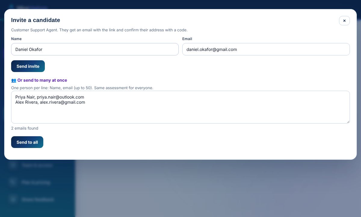 The invite screen: send one candidate or paste a list of many